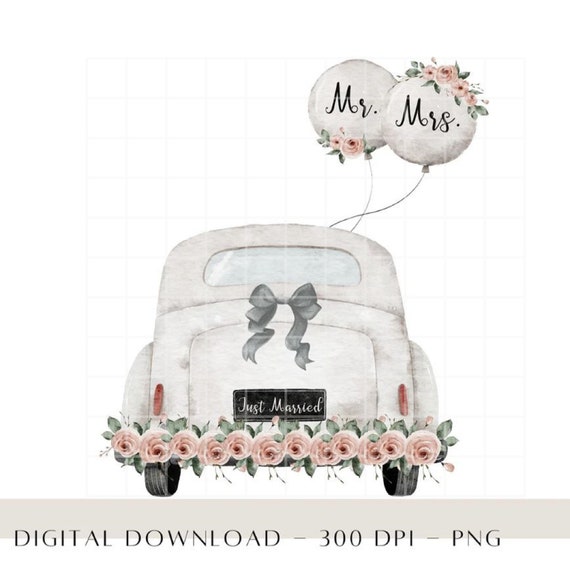 Just Married PNG, Just Married Car Prints, Mr & Mrs Watercolour Clipart,  Wedding Sublimation Designs, Congratulations Card Design, Download 