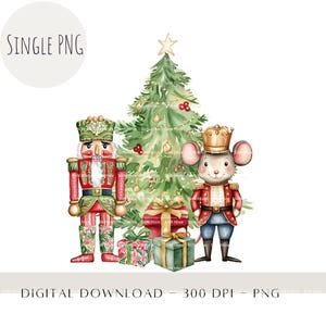 May include: A watercolour illustration of a nutcracker and a mouse dressed as a nutcracker standing in front of a Christmas tree. The nutcracker is wearing a red and green uniform with gold accents. The mouse is wearing a red and blue uniform with gold accents. Both are holding a gift. The Christmas tree is decorated with red and green baubles and candy canes.