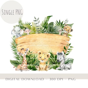 Tranche de bûche Safari bébé animaux PNG, sublimation d'anniversaire, décoration d'anniversaire tropicale de la jungle du zoo, toile de fond animaux sauvages, téléchargement numérique