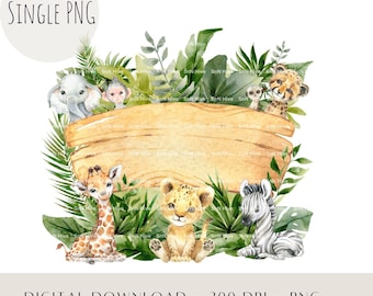 Rodaja de tronco de animales de safari PNG, imágenes prediseñadas de animales bebés de cumpleaños de la jungla, diseño de sublimación Wild One imprimible
