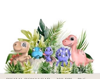 Watercolor Baby Dinosaur Clipart PNG Bundle, Cute Dino Nursery Graphics, Baby Shower Dinosaur PNG, Kid Birthday Dino Clipart, Commercial Use