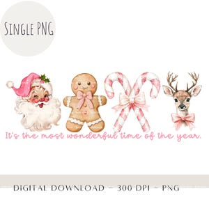 Coquette Christmas png, het is de mooiste tijd van het jaar vakantieshirtontwerp, retro kerstman candy cane rendier peperkoek png-bestand