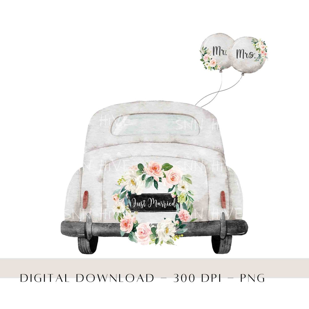 Just Married PNG, Just Married Car Prints, Mr & Mrs Watercolour Clipart,  Wedding Sublimation Designs, Congratulations Card Design 