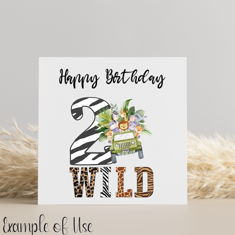 Two Wild PNG, Baby Safari Animals PNG, Watercolour Baby Animals Sublimation Design, Birthday Card Clipart, 2nd Birthday Décor PNG, Digital image 3