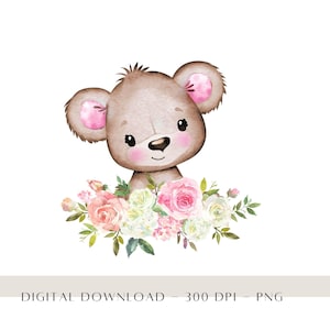 Teddy Bear Clip Art, Acuarela Floral Teddy Bear Sublimation, Invite Card Design, Girls 1st Birthday Clip Art, Nursery Art, Transfer PNG
