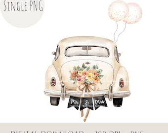 Just Married Car Watercolor Clipart, Mr & Mrs PNG (Digital Download)
