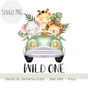 Safari bébé animaux voiture PNG, aquarelles bébés animaux, sublimation enfants, conception de carte d'anniversaire, clipart de toile de fond anniversaire jungle