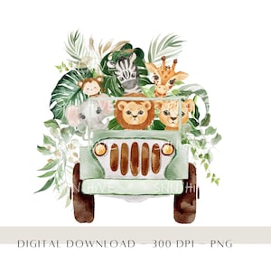 Safari Baby Animals PNG, Aquarelle Bébé Animaux, Conception de sublimation pour enfants, Conception de carte d’anniversaire zoo, Clipart de toile de fond d’anniversaire dans la jungle