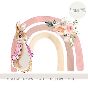 Flopsie Bunny Cake Topper, Peter Rabbit Geburtstag PNG, Peter Rabbit Blumen Aquarell Kartendesign, Taufkarte Design, Sublimationsdesign
