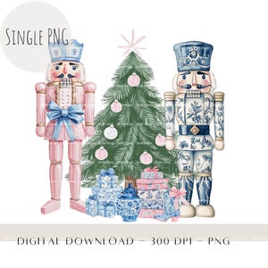 Árvore de Natal Quebra-nozes Chinoiserie Rosa e Azul Sublimação PNG | Clipart de Balé Quebra-nozes Vintage | Decoração de Natal e Design de Presentes