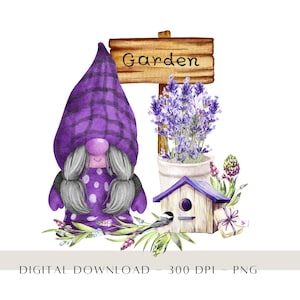 Jardim de Lavanda PNG, Gnome Crafter PNG, Jardinagem PNG, Design de Cartão de Aniversário, Design de Sublimação, Titmouse de Pássaro Download Digital Instantâneo