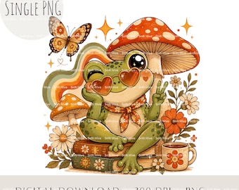 Cute Retro Frog With Mushrooms PNG, Groovy Woodland Frog Clipart, Boho Hippie Sublimation Design, Sublimation Image, Retro 70s