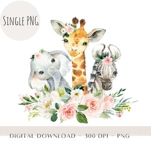 Safari bébé animaux PNG, sublimation PNG enfants animaux, Clipart Safari, décoration d'anniversaire zoo floral rose, sauvage un pour gâteau en téléchargement numérique