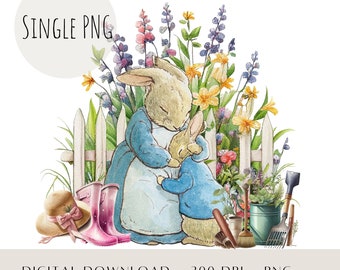 Mothers Day PNG, Peter Rabbit and Mum PNG, Mother's Day Spring Floral PNG, Gardening Sublimation Design, Mothers Day Card Image, Digital
