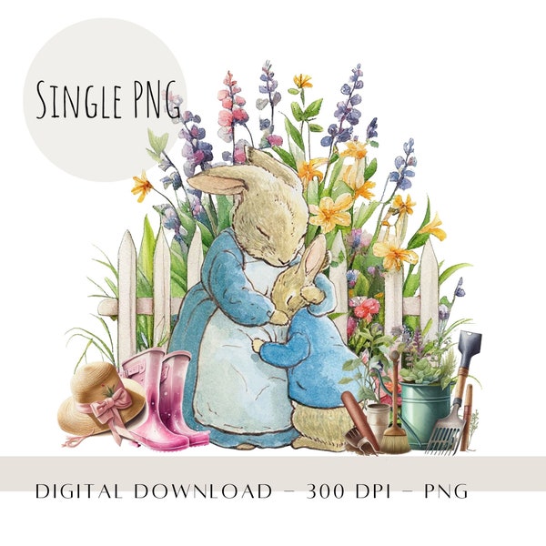 Mothers Day PNG, Peter Rabbit and Mum PNG, Mother's Day Spring Floral PNG, Gardening Sublimation Design, Mothers Day Card Image, Digital