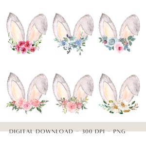 Oreilles de lapin de Pâques florales PNG, clipart de Pâques, modèles de cartes de Pâques, sublimation, transfert de chaleur, téléchargement numérique de Pâques - lot de 6