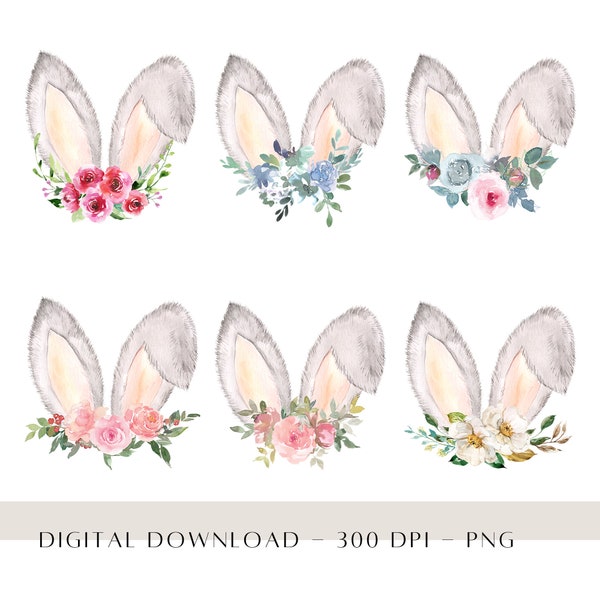 Floral Easter Bunny Ears PNG, Easter Clip Art, Easter Card Designs, Sublimation Design, Heat Transfer, Easter Digital Download - Pack of 6