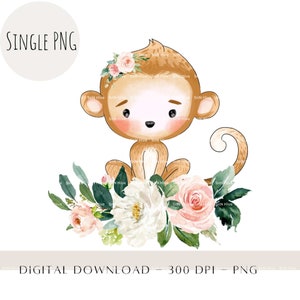 Op de afbeelding: Een aquarel-illustratie van een schattige cartoon-aap die een roze bloemenkroon draagt en op een bed van witte en roze bloemen zit.