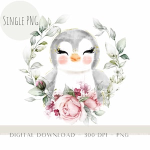Clipart de pinguim bebê floral, sublimação de animais infantis em aquarela PNG, clipart de safari, decoração de primeiro aniversário, download de imprensa térmica de pinguim