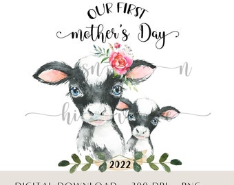 Mother and Baby Calf PNG, Watercolour Baby Animal, Farm Animal Clipart, Roses and Baby Cow, Baby Cow, Sublimation Design, Digital Download