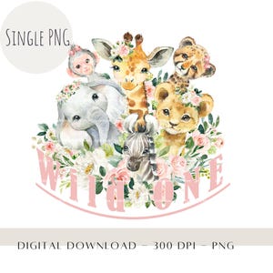 Animais de Safari Wild ONE PNG, Designs de Sublimação Infantil, Decoração de Aniversário de Safári, Guirlanda Floral Rosa, Girafa com Prensa Térmica, Festa na Selva para Imprimir