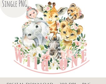Animales de safari Wild ONE PNG: Diseño floral de cumpleaños (Descarga digital)