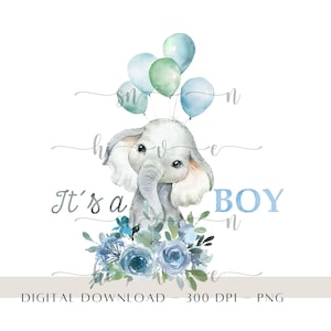 Elefante azul bebé con globos Es un niño PNG, Diseño de sublimación para niños, Nuevo bebé, Baby Shower PNG, Clipart de bebé niño, Revelación de género PNG