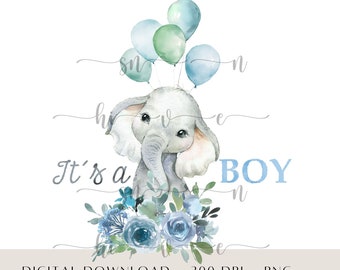 Blue Baby Elephant PNG, Balloons, Baby Shower (Digital Download)