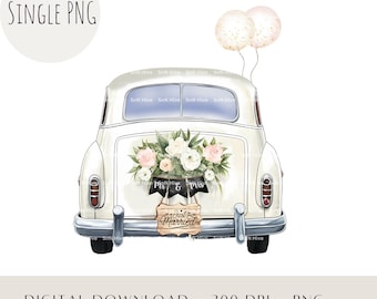 Just Married Car PNG, Watercolor Wedding Clipart (Digital Download)