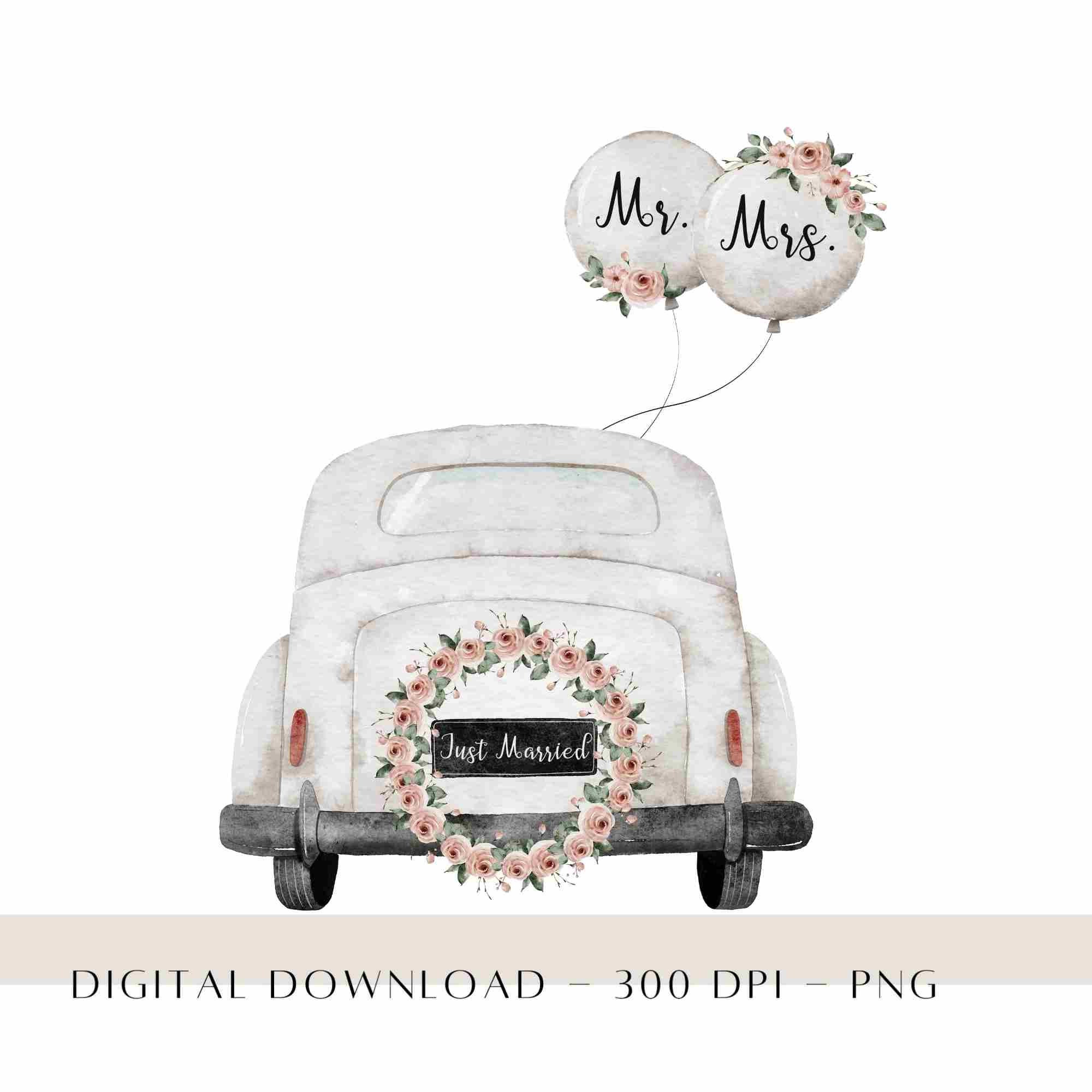 Just Married PNG, Just Married Car Prints, Mr & Mrs Watercolour