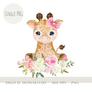 Giraffa con fiocco PNG - Clipart di animali da safari per baby shower, decorazioni da parete per cameretta e disegni a sublimazione, UV DTF, estate 2025, download