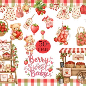 Op de afbeelding: Illustratie met aardbeienthema voor baby's, inclusief kleding, teddyberen en een aardbeienkraam. De afbeelding bevat de tekst "Berry Sweet Baby" en "50+ ITEMS". Het kleurenpalet bestaat uit rood, wit en groen.