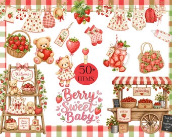 Imágenes prediseñadas de fresas en acuarela, temática de bayas cultivadas localmente, decoración de puesto de mercado de productos frescos, baby shower veraniego, fiesta en el huerto de fresas