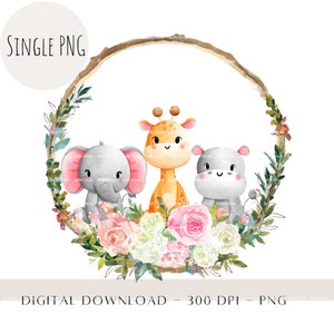 Couronne de fleurs roses et bébés animaux de safari, sublimation d'animaux pour enfants, décoration de premier anniversaire dans la jungle, Wild One PNG, presse à chaud éléphant girafe