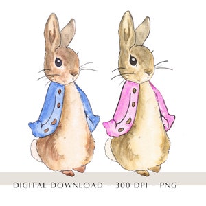 Peut inclure: Deux illustrations à l'aquarelle de Lapin de Pâques, l'une portant une veste bleue et l'autre une veste rose. Les lapins sont debout et regardent vers l'avant.