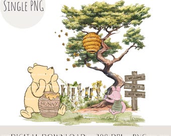 Storybook Pooh Beehive PNG, Classic Bear Hunny Tree Clipart, Baby Shower Birthday Sublimation Design, Printable Art