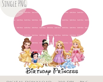 Princesa de cumpleaños PNG, marco de castillo de princesa bebé para sublimación, diseño de cumpleaños de Cenicienta y Blancanieves, descarga digital