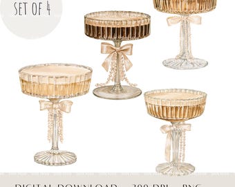 Espresso Martini PNG, Prosecco Christmas PNG, Coupe Glass Watercolor, Pearl Bow Clipart, Holiday Party Clipart, Set of 4, Digital Download
