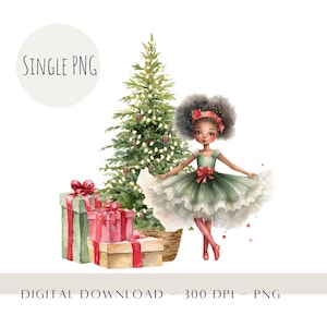 PNG di Natale con ballerina in pelle scura, design a sublimazione del balletto dell'albero dello schiaccianoci, design del sacco di Babbo Natale, primo Natale stampabile, download digitale