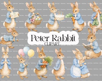 Imágenes prediseñadas de Peter Rabbit, conejito de acuarela con chaqueta azul, ilustración de Beatrix Potter para baby shower, cumpleaños, habitación infantil, uso comercial.