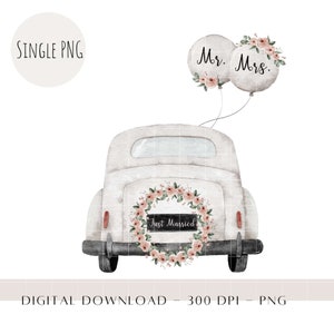 Imágenes PNG de recién casados, impresiones de autos de recién casados, imágenes prediseñadas de acuarela de Sr. y Sra., diseños de sublimación para bodas, diseño de tarjetas de felicitaciones