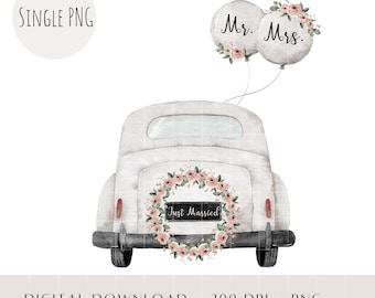 Just Married Car Watercolor Clipart, Wedding PNG (Digital Download)