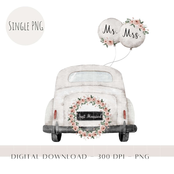 Frisch verheiratet PNG, Just Married Car Prints, Mr & Mrs Watercolor Clipart, Hochzeitssublimationsdesigns, Glückwunschkartendesign