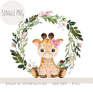 Baby Giraffe with Wreath, Watercolour Kids Animals Sublimation PNG, Safari Clip Art, First Birthday Décor, Giraffe Heat Press Download