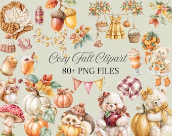Cozy Fall Clipart, Pumpkin Baby Shower PNG, Teddy Bear Autumn Birthday, Woodland Nursery Watercolor Cozy Bear Collection, Digital Download