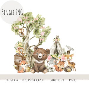 Animaux de la forêt PNG, sublimation enfants, chevreuil hibou renard PNG, nouveau design bébé, anniversaire rose imprimable, sous-design des cliparts bébés forêt