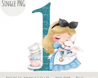 Alice and White Rabbit 1st Birthday PNG, Alice Sublimation Design, Alice Birthday Digital Design, Girls Birthday Clip Art, Digital Download
