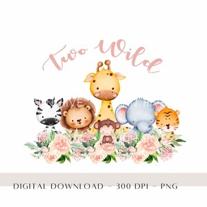 Twee Wilde Baby Safari Dieren PNG, Aquarel Baby Dieren Meisjes T Shirt Sublimatie Ontwerp, Verjaardagskaart afbeelding, Digitale Download