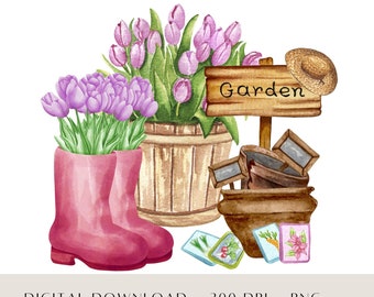 Gardening PNG, Spring Gardener PNG, Tulips Clip Art, Spring Flowers, Mother's Day Sublimation Design, Tulip Heat Press Digital Download