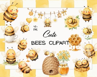 Watercolor Cute Bees Clipart PNG Bundle, 40 Plus Bee Honeycomb Daisy Floral Clipart, Nursery Baby Shower, Seamless Pattern Commercial Use